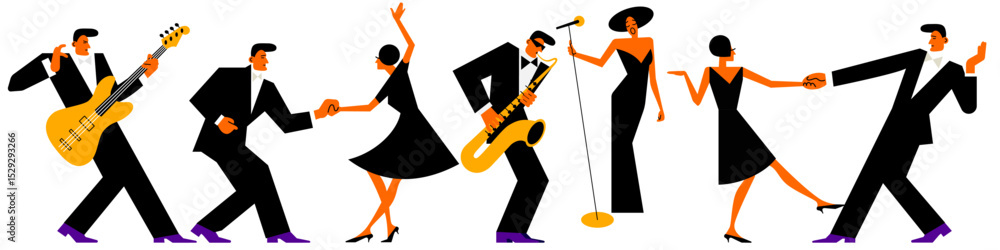 Naklejka premium people dance to live jazz music in the style of the mid-20th century. geometric abstract dancers in a flat cartoon style. stock vector illustration. EPS 10.