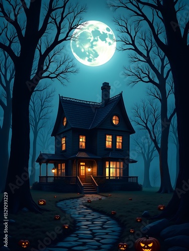 Halloween house in the forest with full moon