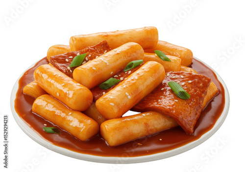 Plate of delicious tteokbokki with spicy sauce and green onions, served on a white background