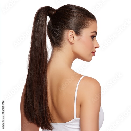 Wallpaper Mural Woman with long brown hair in ponytail hairstyle beauty salon hair care product styling tutorial guide Torontodigital.ca