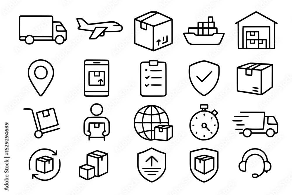 Fototapeta premium Logistics, Shipping, and Delivery Icon Set: Vector Outline Icons for Transportation, E-commerce, and Tracking with Adjustable Line Weight