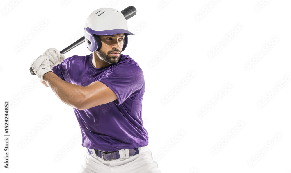 A baseball player in a purple jersey and helmet stands ready to swing a bat, showcasing athleticism and focus in this dynamic pose A baseball player in a purple jersey and helmet stands ready to swing a bat, showcasing athleticism and focus in this dynamic pose