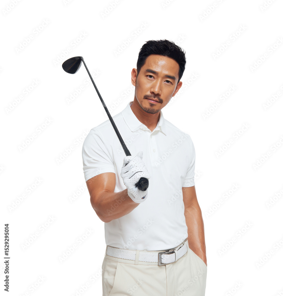 A handsome Asian man stands with a smile, confidently gripping a golf club, showcasing his enthusiasm for the sport A handsome Asian man stands with a smile, confidently gripping a golf club, showcasing his enthusiasm for the sport