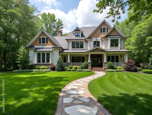 Beautiful craftsman home with lush landscaping and winding stone path