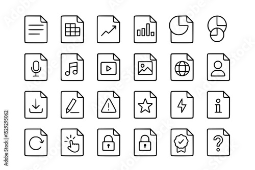 Document and File Type Icon Set: Vector Outline Icons for Data, Media, Security, and Management with Adjustable Line Weight