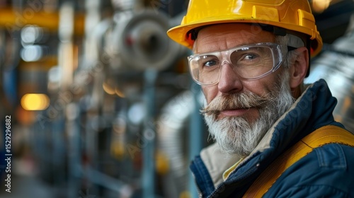 Wallpaper Mural A mature engineer with a distinguished beard, wearing safety gear, gazes confidently in an industrial setting, showcasing expertise and dedication to his craft. Torontodigital.ca
