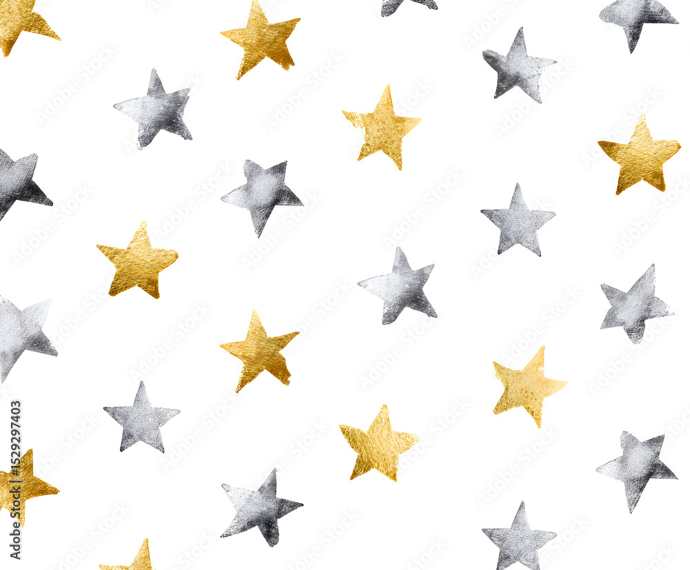 Gold and Silver Stars Pattern on White Background - Festive Celebration Design, Holiday Decor, Christmas, New Year's Eve, Birthday Party Gold and Silver Stars Pattern on White Background - Festive Celebration Design, Holiday Decor, Christmas, New Year's Eve, Birthday Party
