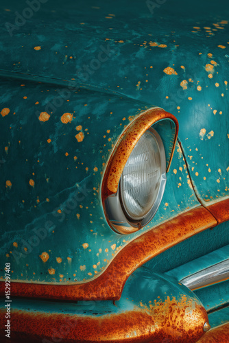 Close Up Rusty Vintage Car Headlight Detail Old Turquoise Automobile Paint Texture Background