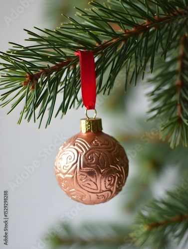 Hanging Christmas Ornament on Pine Tree Branch with Red Ribbon