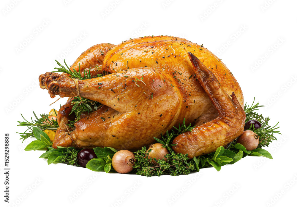 Roasted turkey garnished with herbs and vegetables on a festive table setting Roasted turkey garnished with herbs and vegetables on a festive table setting