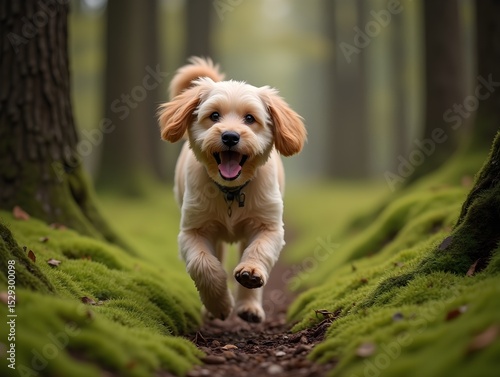 Dog runs happily through a mossy forest path
