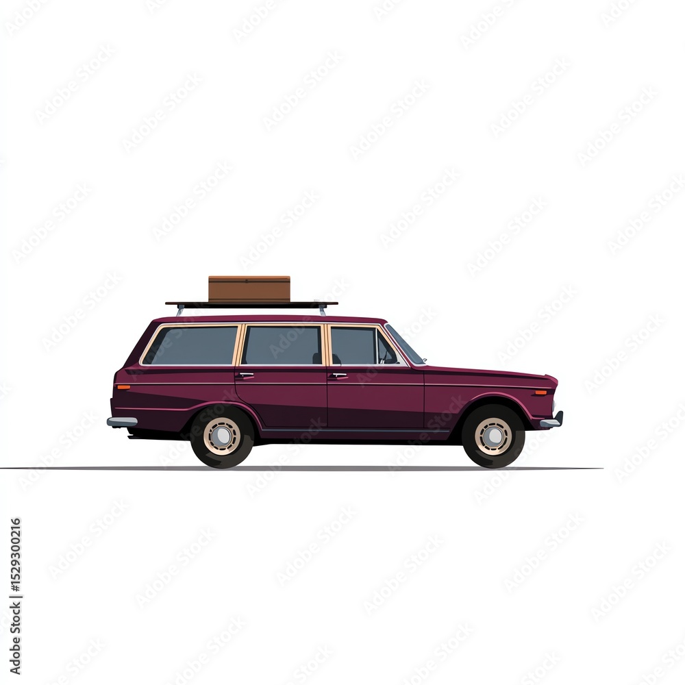 Fototapeta premium Classic Maroon Station Wagon, Roof Rack Luggage, Retro Travel Vibes, Simple Design, Nostalgia Road Trip