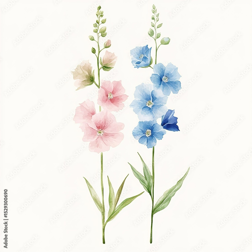 Pastel Pink And Blue Flowers Watercolor Illustration Pastel Pink And Blue Flowers Watercolor Illustration