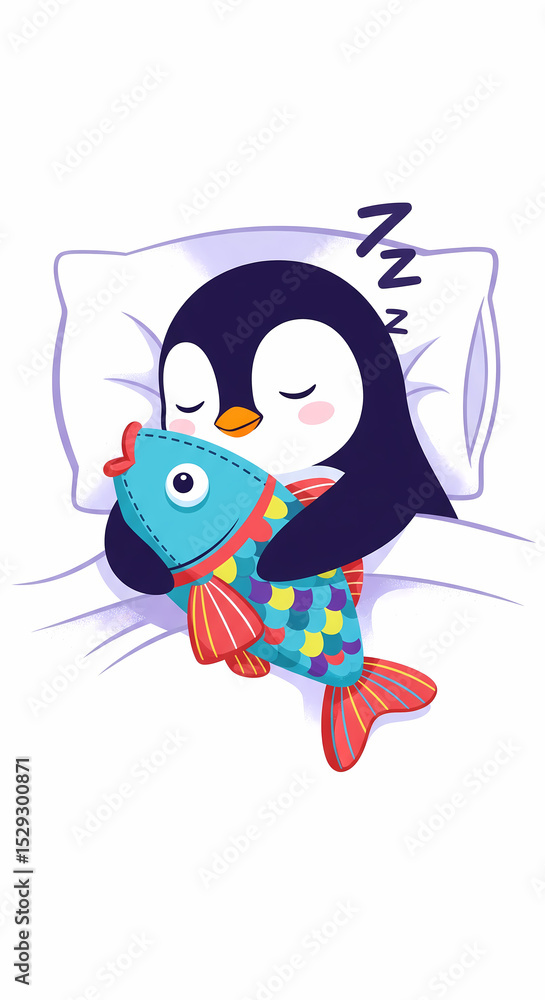 Adorable Cartoon Penguin Sleeping with a Plush Fish Toy - Sweet Dreams, Childhood Comfort, and Arctic Charm Adorable Cartoon Penguin Sleeping with a Plush Fish Toy - Sweet Dreams, Childhood Comfort, and Arctic Charm