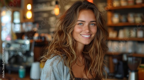 Wallpaper Mural A cheerful barista in a cozy coffee shop, showcasing a warm smile while preparing coffee, embodying the welcoming atmosphere of a place fueled by community and good brews. Torontodigital.ca