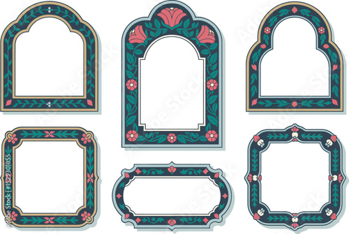 Floral arch frame icons. Elegant rich-colored frames with rose decorations and interior space for content placement  