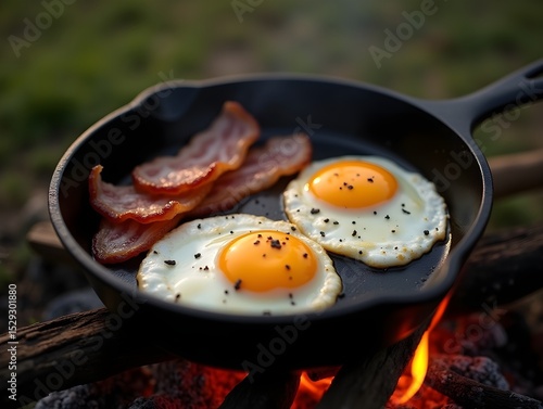 Delicious breakfast of eggs and bacon at the campsite. Cooked food in a cast iron pan on a campfire