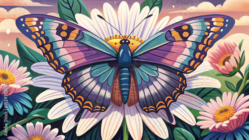 Vector illustration of a butterfly delicately resting on a blooming flower under warm summer light perfect for seasonal, floral, and nature-themed designs
