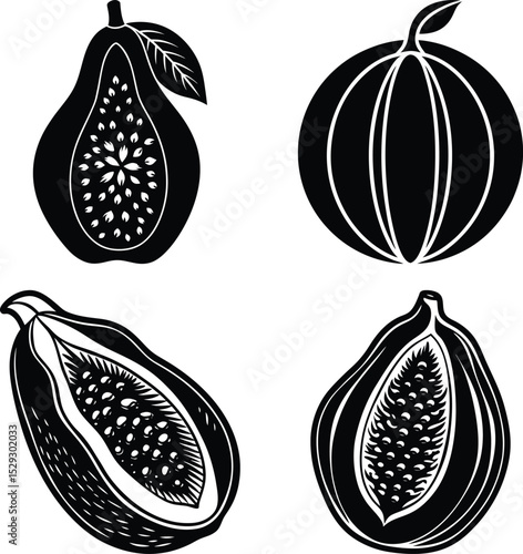 Black and white silhouette of papaya vegetable icon silhouette with leaf isolated on transparent background
