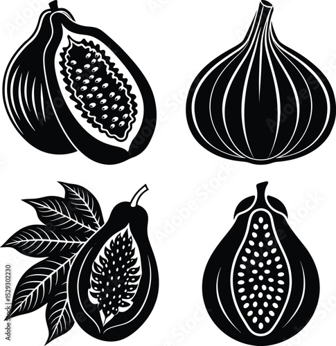 Black and white silhouette of papaya vegetable icon silhouette with leaf isolated on transparent background
