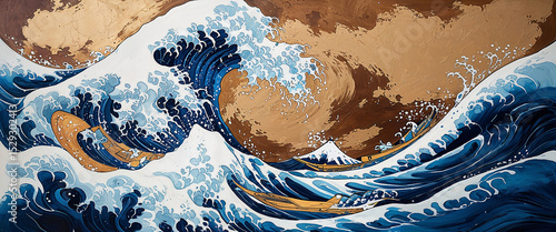 Artistic interpretation of the great wave off kanagawa with boats and mount fuji