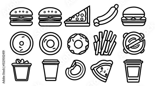 Fast Food Icons – Burger, Pizza, Donut, Fries, Snack & Drink Symbols