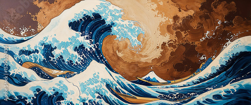 Artistic interpretation of the great wave off kanagawa with boats and mountain view