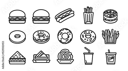 Fast Food Icons – Burger, Pizza, Donut, Fries, Snack & Drink Symbols
