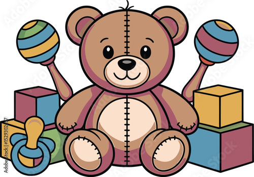 Adorable cartoon teddy bear with baby rattles blocks and pacifier for childhood design
