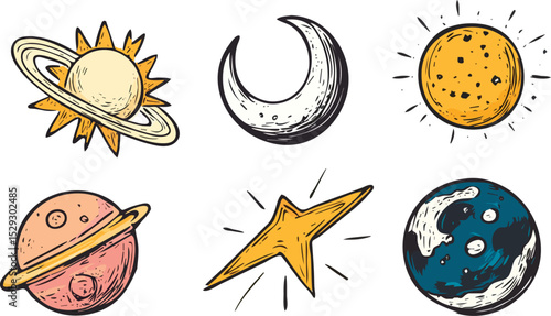 Hand-drawn vector illustration set of celestial bodies Saturn Sun Moon Star Planet Earth isolated on white background for space-themed designs astronomy education or children's books