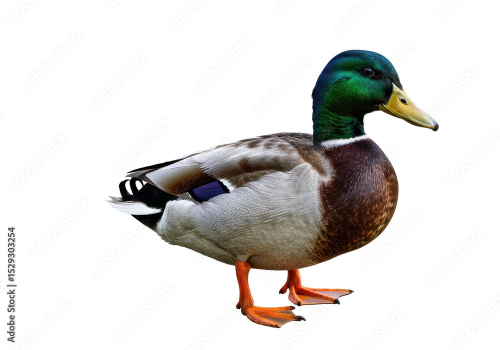 Obraz premium Vibrant male mallard duck standing proudly on a grassy bank near a serene pond