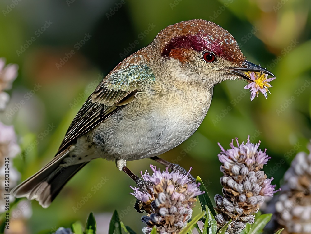 Fototapeta premium Small bird perched on lavender, holding flower