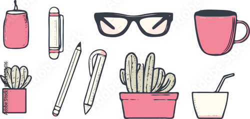 Hand drawn office supplies vector set glasses pens pencils coffee mug cactus and succulent plant isolated on white background for business design education concept sticker website or print