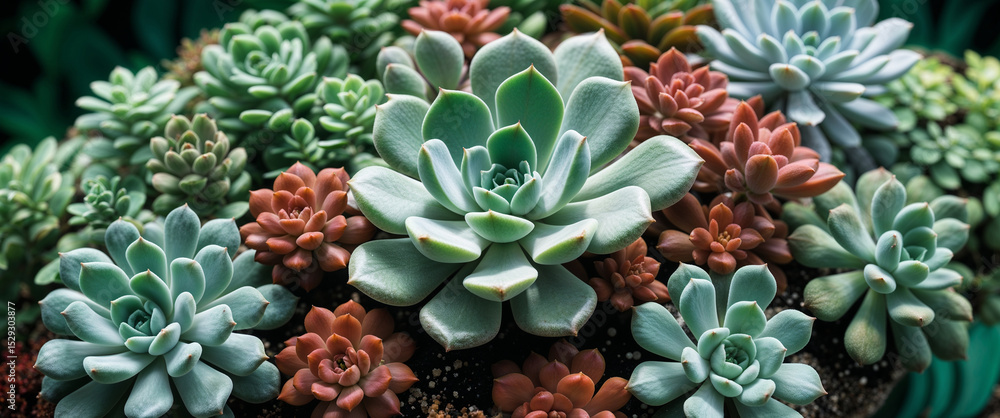 Obraz premium Close up arrangement of colorful succulents showcasing beautiful colors and textures for inspiration