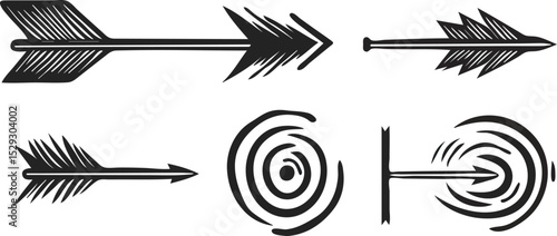 Hand-drawn vector arrows and targets isolated on white background, archery, hunting, and boho design elements for prints, web, banners, posters, stickers, cards, and textile design