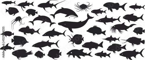 deep sea ocean mammals creatures Silhouettes – Fish, Seahorses, Seaweed, Coral Reefs & Sharks for Coastal and Aquatic Themes