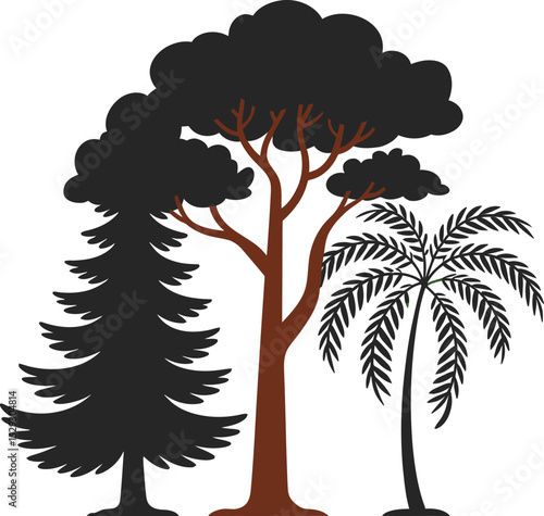 Simple illustration of three different trees with black foliage and brown trunks
