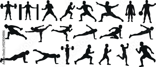 Men’s Exercise Silhouettes – Fitness Workout Poses Vector Set