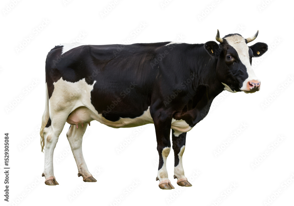 Black and white dairy cow standing in a green pasture with a clear blue sky Black and white dairy cow standing in a green pasture with a clear blue sky
