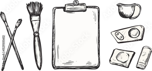Hand-drawn vector illustration of art supplies including paintbrushes, clipboard, paint palette, paint tube, and inkwell, ideal for creative projects, art education, or design resources