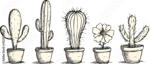 Hand drawn cacti and succulent plants in pots vector illustration set isolated on white background for print web design banner poster sticker card and textile design