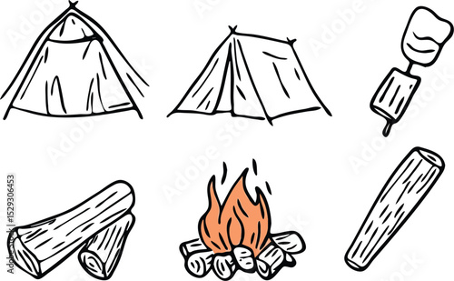 Hand drawn camping elements set with tent bonfire marshmallow on stick and firewood isolated on white background vector illustration for prints web design banner poster sticker card and textile design