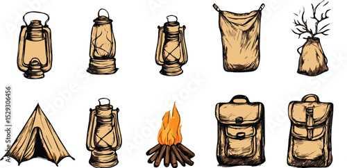 Set of camping equipment hand drawn vector illustration isolated on white background kerosene lamp tent campfire backpack and sleeping bag adventure tourism camping hiking travel design concept
