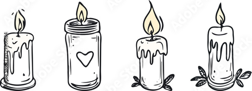 Set of four hand drawn burning candles with melted wax vector illustration isolated on white background concept for aromatherapy meditation spa relaxation and hygge lifestyle