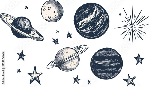 Hand-drawn vector illustration set of planets, stars, and celestial bodies isolated on a white background for space exploration, astronomy, and science-themed designs