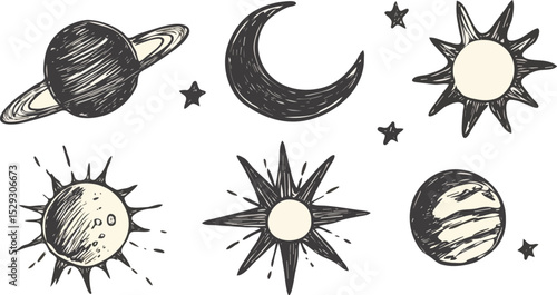 Hand drawn set of celestial bodies sun moon stars planets Saturn Jupiter isolated on white background concept for print web design banner poster sticker card and textile design vector illustration