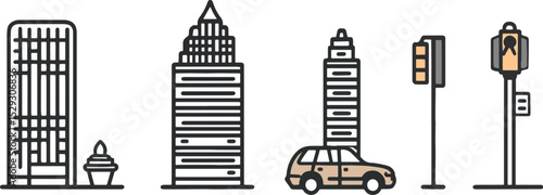 City elements vector set with buildings car traffic light and bus stop sign isolated on white background ideal for city life urban landscape and transportation concepts