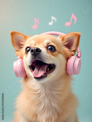 cheerful small dog wearing headphones, smiling with music notes in background, soft lighting, and pastel aesthetic