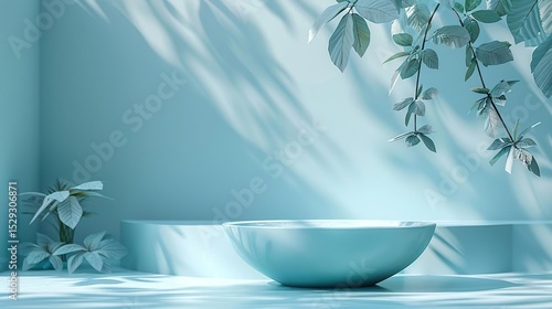 a blue bowl placed on a table in a blue room