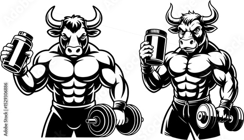 Bold silhouette of a muscular bull mascot holding a creatine tub and dumbbell, ideal for fitness branding, gym apparel, and nutrition-related designs